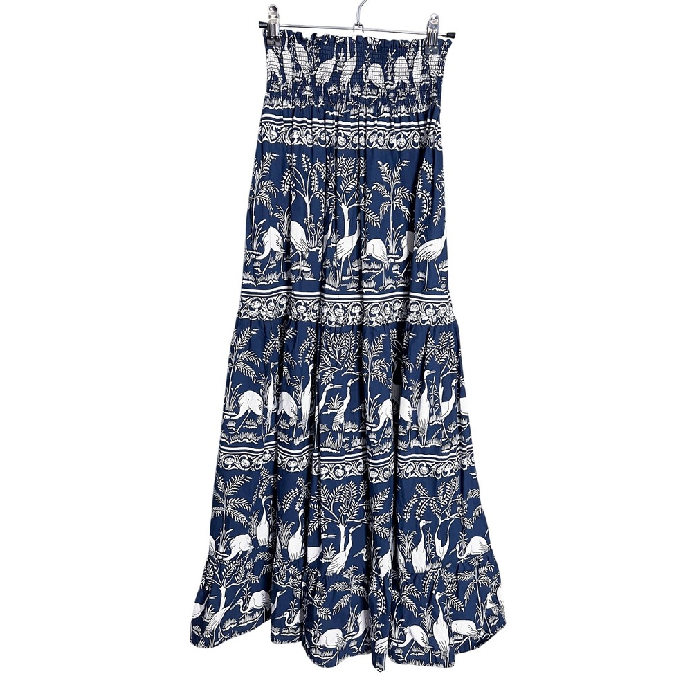 Beyond by Vera Blue White Crane Print Smocked Waist Maxi Skirt Boho‎